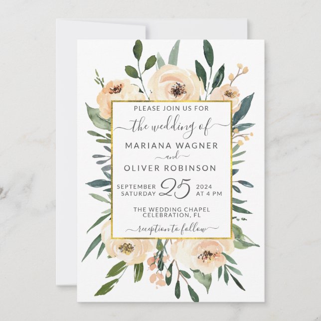 Invitation Floral Beige Blush Rose or sur Mariage blanc (Devant)