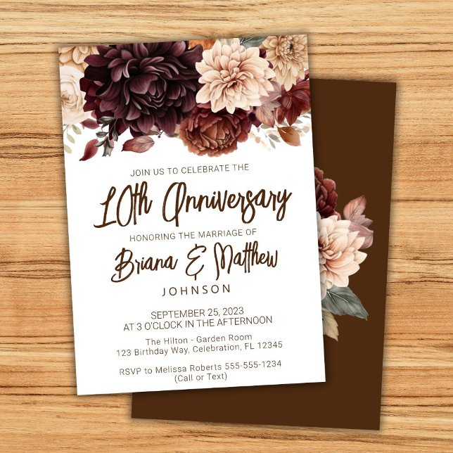 Invitation Floral beige Brown 10e anniversaire Mariage (Créateur téléchargé)