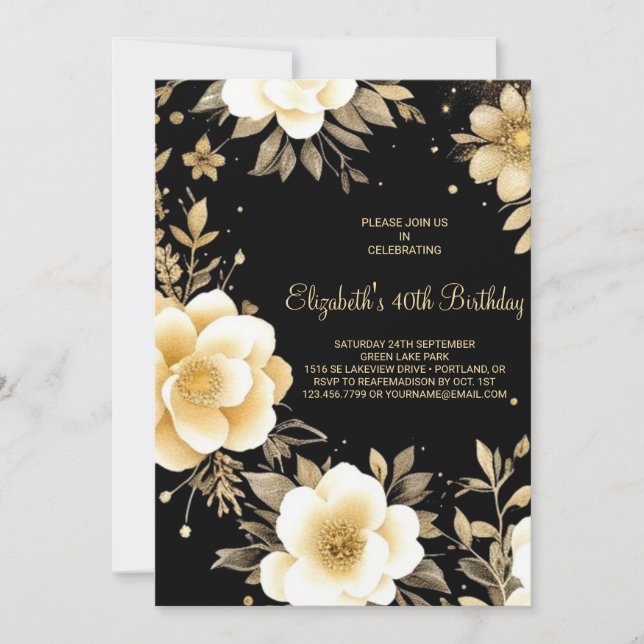 Invitation Floral Beige et Boho noir 40e anniversaire (Devant)
