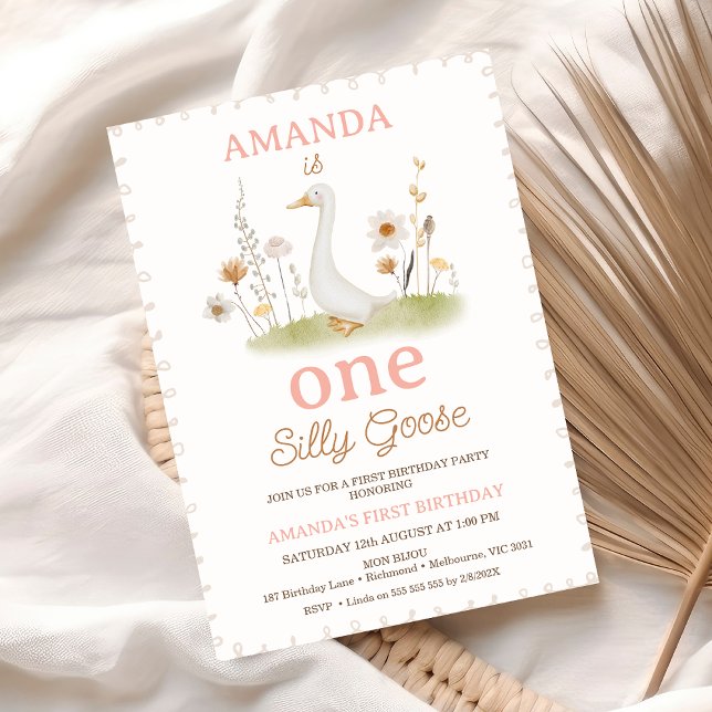 Invitation Floral Beige Rustique Une oie Silly 1er anniversai (Girls One Silly Goose 1st Birthday Invitation Template, Silly Goose Themed Birthday Invitation )