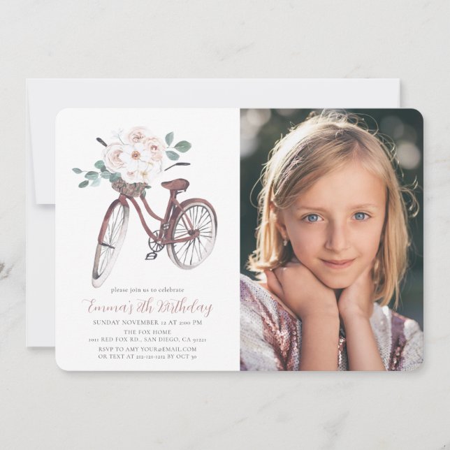 Invitation Floral Bicycle Girl Aquarelle photo Anniversaire (Devant)