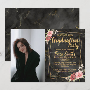 Invitation Floral Black And Gold Photo Graduation Party