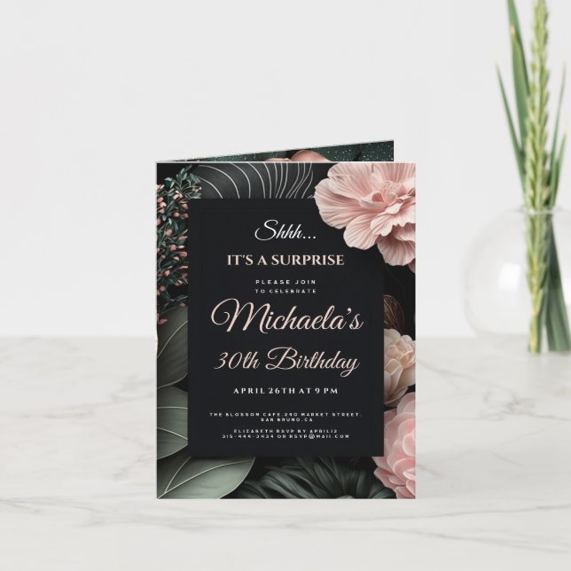 Invitation Floral Black arrière - plan Surprise fête d'annive (Devant)