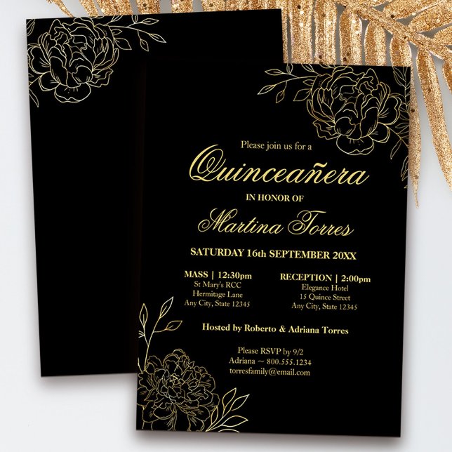 Invitation Floral Black Gold Fine Art Quinceanera et messe (decorated both sides and available professionally printed or as a digital download)