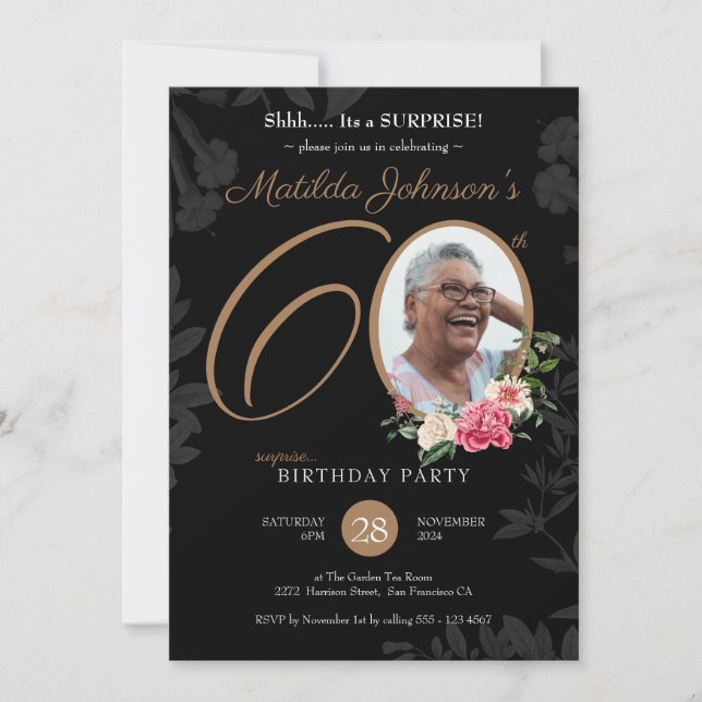 Invitation Floral Black Gold Surprise 60e anniversaire (Devant)