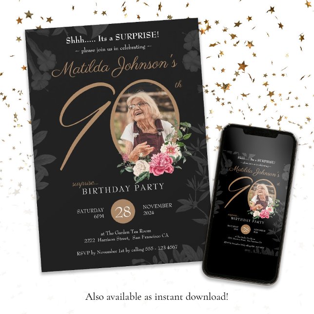 Invitation Floral Black Photo 90th Surprise Birthday Party (90th Surprise Birthday Floral Black Custom Photo I Invitation)