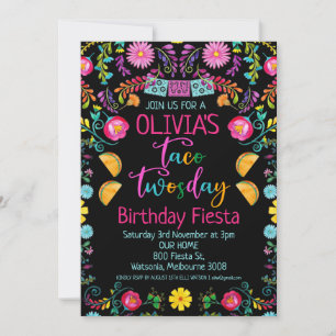 Invitation Floral Black Taco Twosday mexicain 2e anniversaire