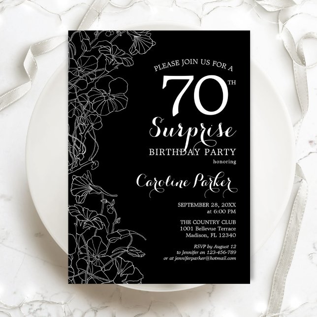 Invitation Floral Black White Surprise 70e anniversaire (Créateur téléchargé)