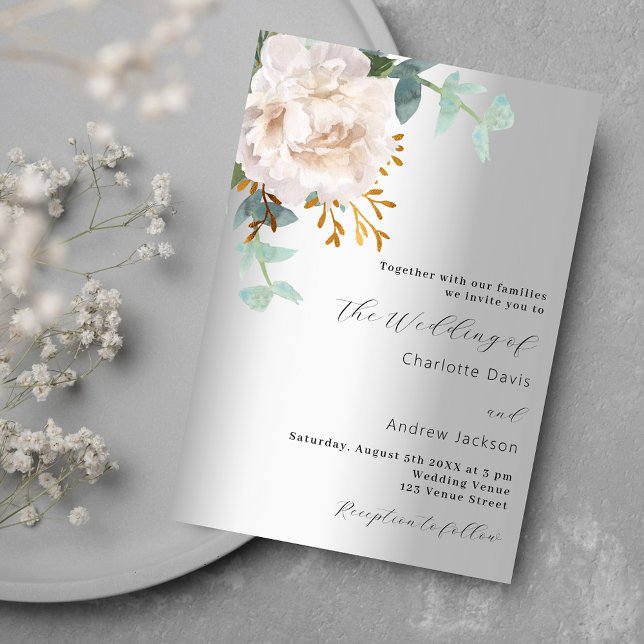 Invitation Floral blanc argent verdure mariage luxuriante (Créateur téléchargé)