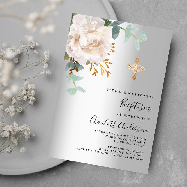 Invitation Floral blanc argent vert croix baptême (Créateur téléchargé)