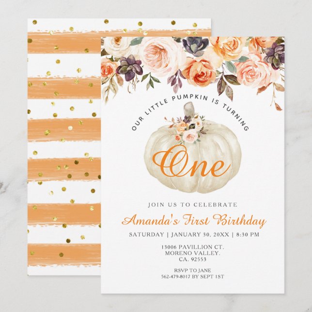 Invitation Floral Blanc Citrouille 1er anniversaire Invitatio (Devant / Derrière)
