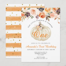 Floral Blanc Citrouille 1er anniversaire Invitatio