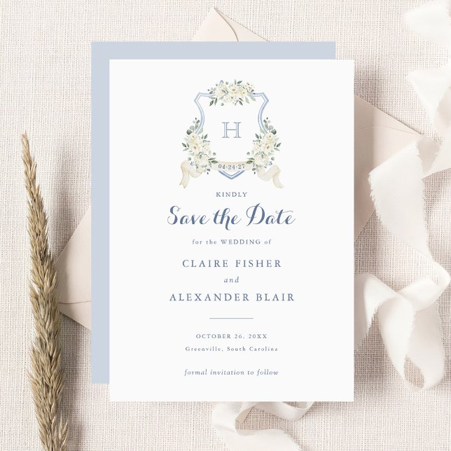 Invitation Floral Blanc Dusty Blue Crest Enregistrer la date (Créateur téléchargé)