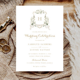 Invitation Floral Blanc Hydrangea Crest Or Monogramme Mariage