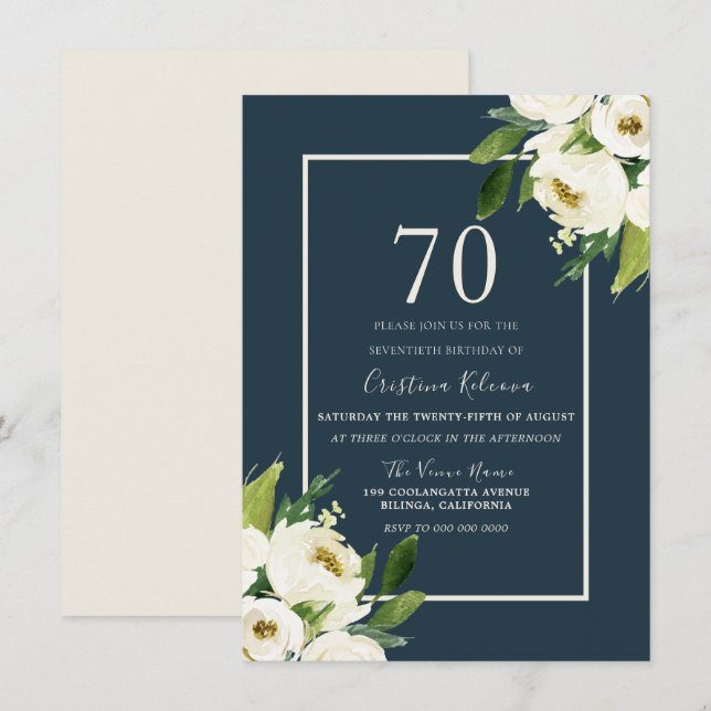 Invitation Floral blanc moderne Elégant vert 70e anniversaire (Devant / Derrière)