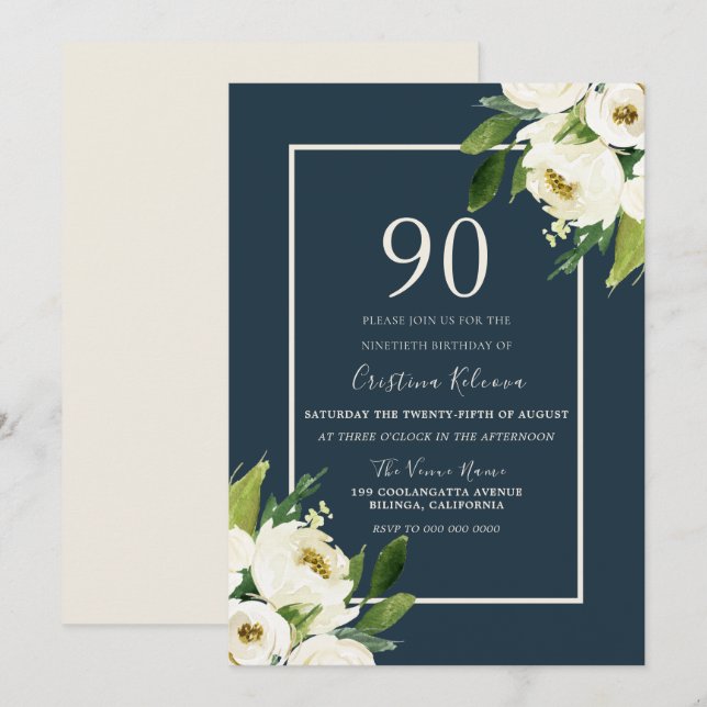 Invitation Floral blanc moderne Elégante verdure 90e annivers (Devant / Derrière)