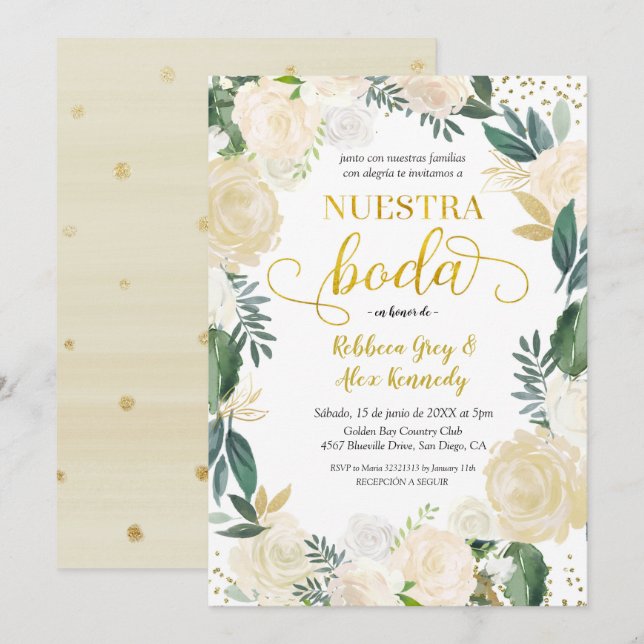 Invitation Floral blanc Nuestra Boda Mariage mexicain Invitat (Devant / Derrière)