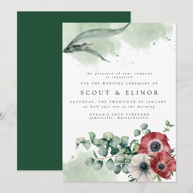 Invitation Floral blanc rouge avec Mariage Feuille Eucalyptus (Devant / Derrière)