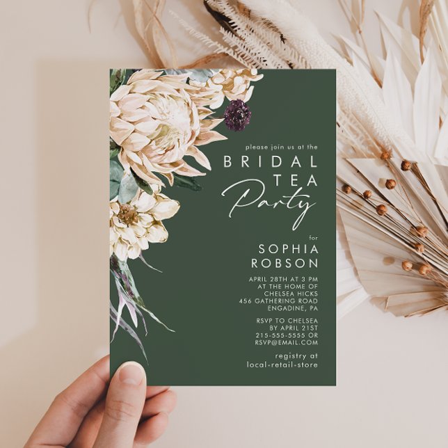 Invitation Floral blanc | Soirée de thé de mariée vert foncé (Créateur téléchargé)
