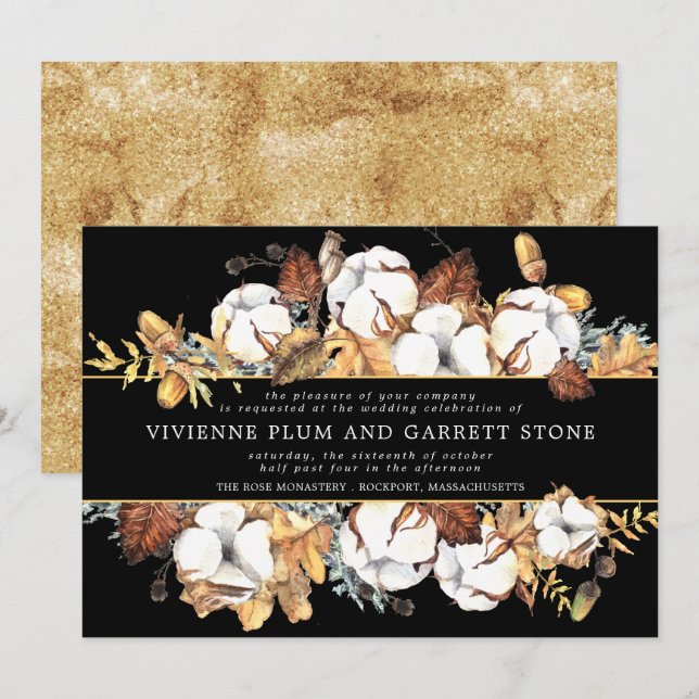 Invitation Floral blanc sur Mariage de automne noir et or (Devant / Derrière)