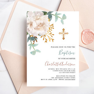 Invitation Floral blanc verdure or croix luxe baptême