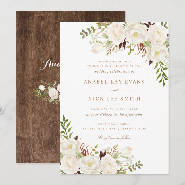 Invitation Floral Blanc vert Mariage bois rustique (Devant / Derrière)