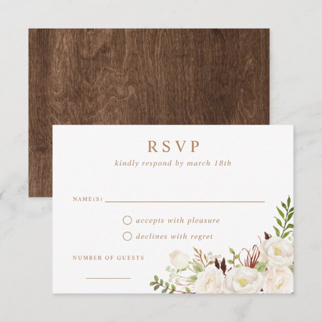Invitation Floral Blanc Vert vert Rustique Bois Mariage RSVP (Devant / Derrière)