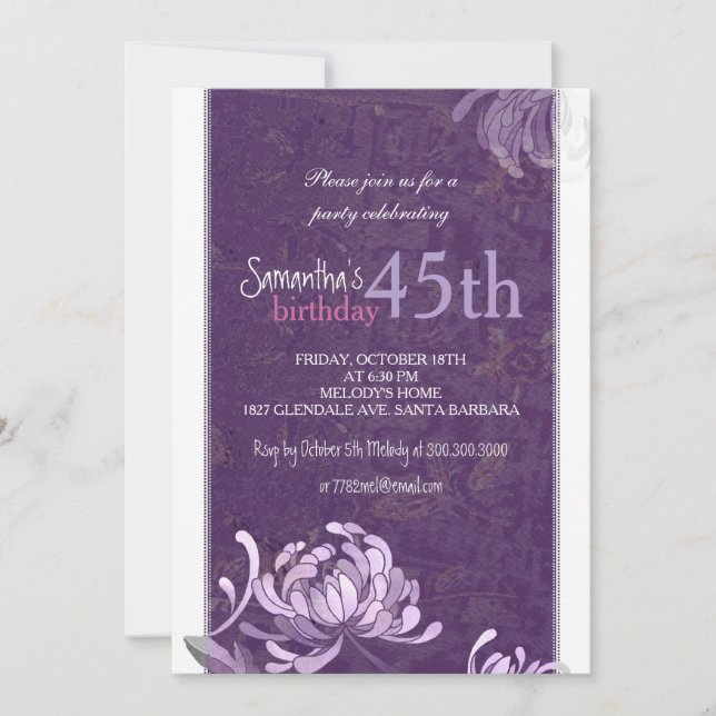 Invitation Floral blanc violet fête du 45e anniversaire (Devant)
