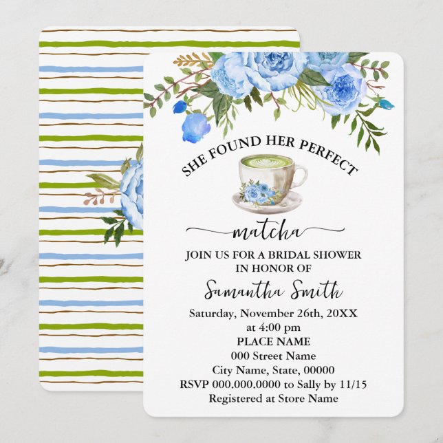 Invitation Floral Bleu A Trouvé Sa Fête des mariées Parfaite  (Devant / Derrière)