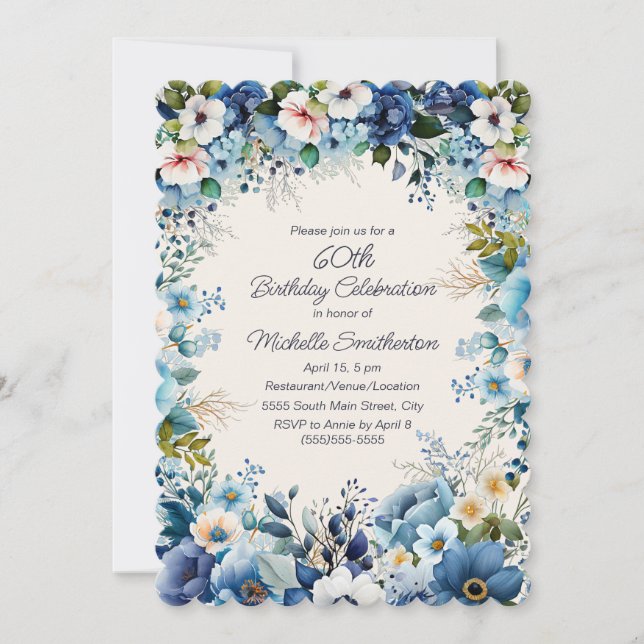 Invitation Floral bleu blanc 60e anniversaire de saint Jacque (Devant)