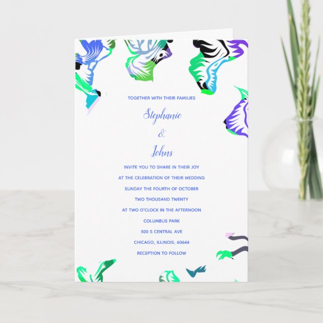 Invitation Floral Bleu Blanc Boho Été Printemps Mariage (Devant)