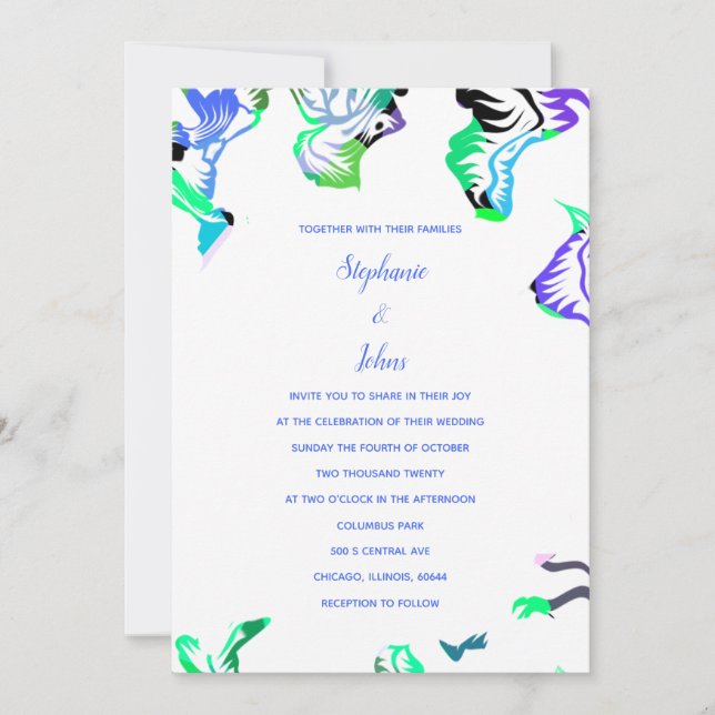 Invitation Floral Bleu Blanc Printemps Été Boho Mariage (Devant)