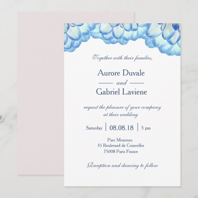 Invitation Floral bleu blanc roux fleurs pétales mariage (Devant / Derrière)