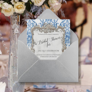 Invitation Floral Bleu Blanc Vintage Fête des mariées argent