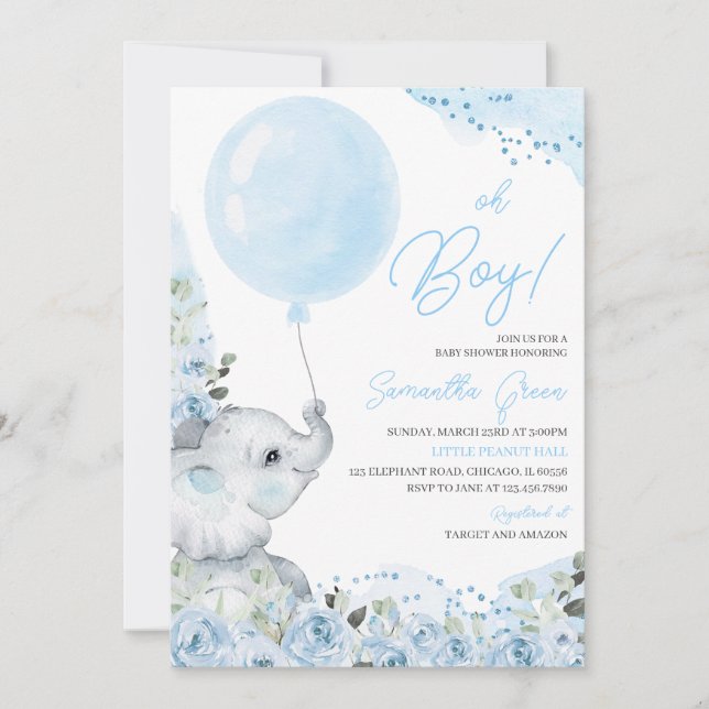 Invitation Floral bleu C'est un Baby shower éléphant garçon (Devant)
