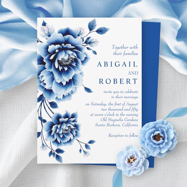 Invitation Floral bleu Chinoiserie fleurs de pivoine mariage (Créateur téléchargé)