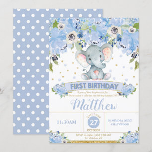 Invitation Floral bleu de ęr d'anniversaire d'éléphant garçon