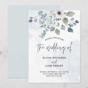 Invitation Floral bleu Dusty et Mariage d'Eucalyptus