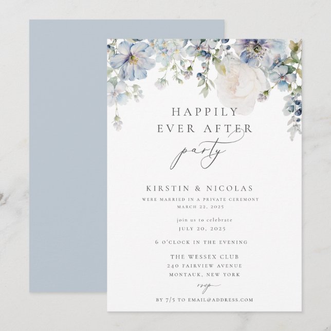 Invitation Floral Bleu Dusty Heureux Jamais Après La Fête (Devant / Derrière)