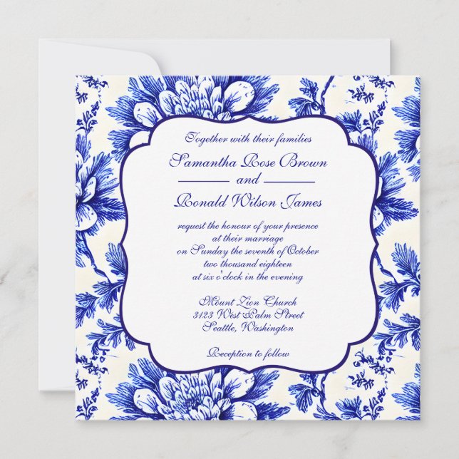 Invitation Floral bleu et blanc Mariage de décoration (Devant)