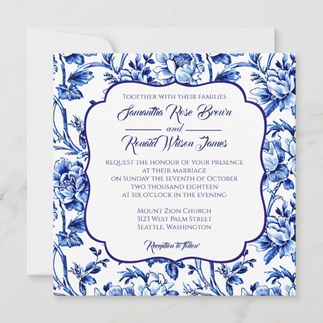 Invitation Floral bleu et blanc Mariage de décoration (Devant)