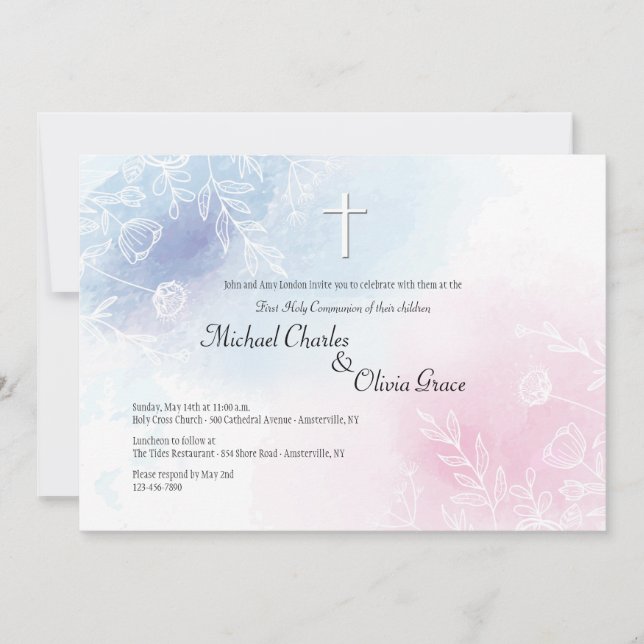 Invitation Floral bleu et rose religieux (Devant)