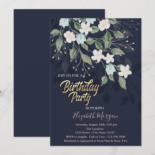 Invitation Floral Bleu foncé fête d'anniversaire (Devant / Derrière)