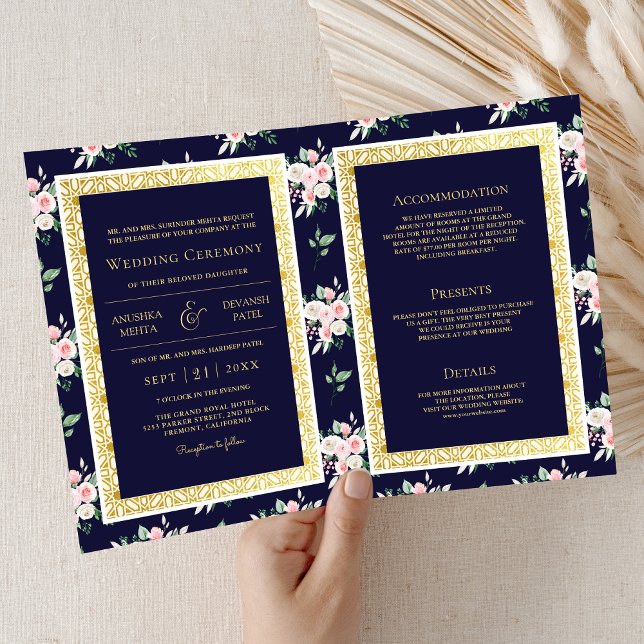 Invitation Floral bleu foncé tout en un Mariage indien d'or (Créateur téléchargé)