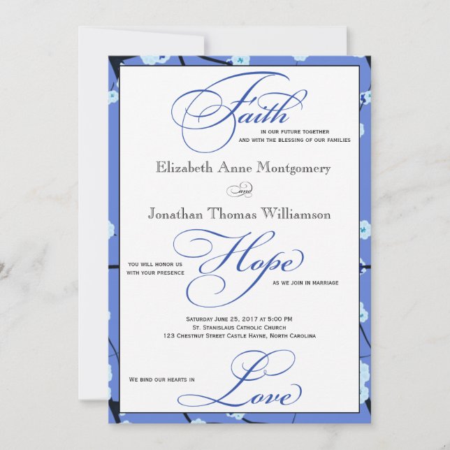 Invitation Floral bleu Mariage chrétien contemporain (Devant)