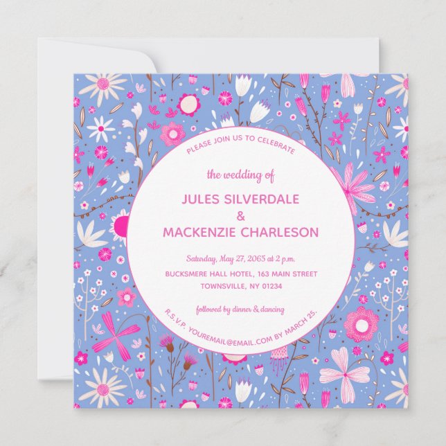 Invitation Floral Bleu Mariage moderne (Devant)