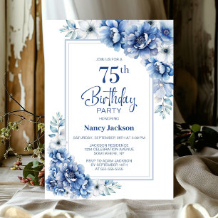 Invitation Floral bleu moderne 75e fête d'anniversaire