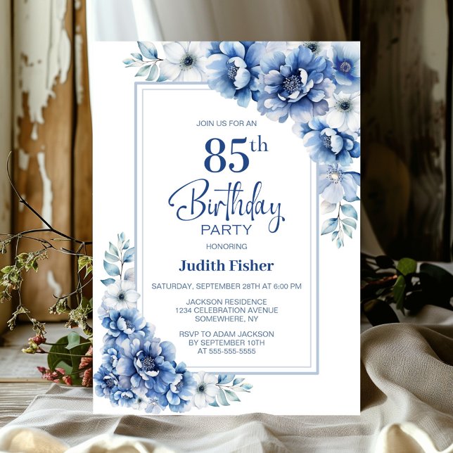 Invitation Floral bleu moderne 85e fête d'anniversaire (Créateur téléchargé)