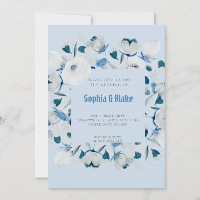 Invitation Floral bleu moderne et blanc encadré Mariage bleu (Devant)