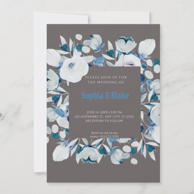 Invitation Floral bleu moderne et blanc encadré Mariage gris (Devant)